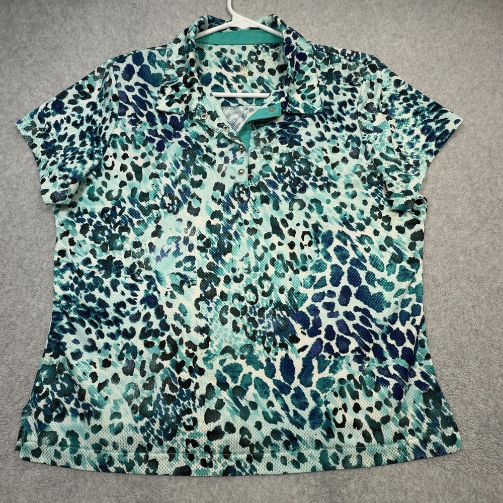 Tail Polo Shirt Women Large Blue Animal Print Short Sleeve Snap Golf Performance